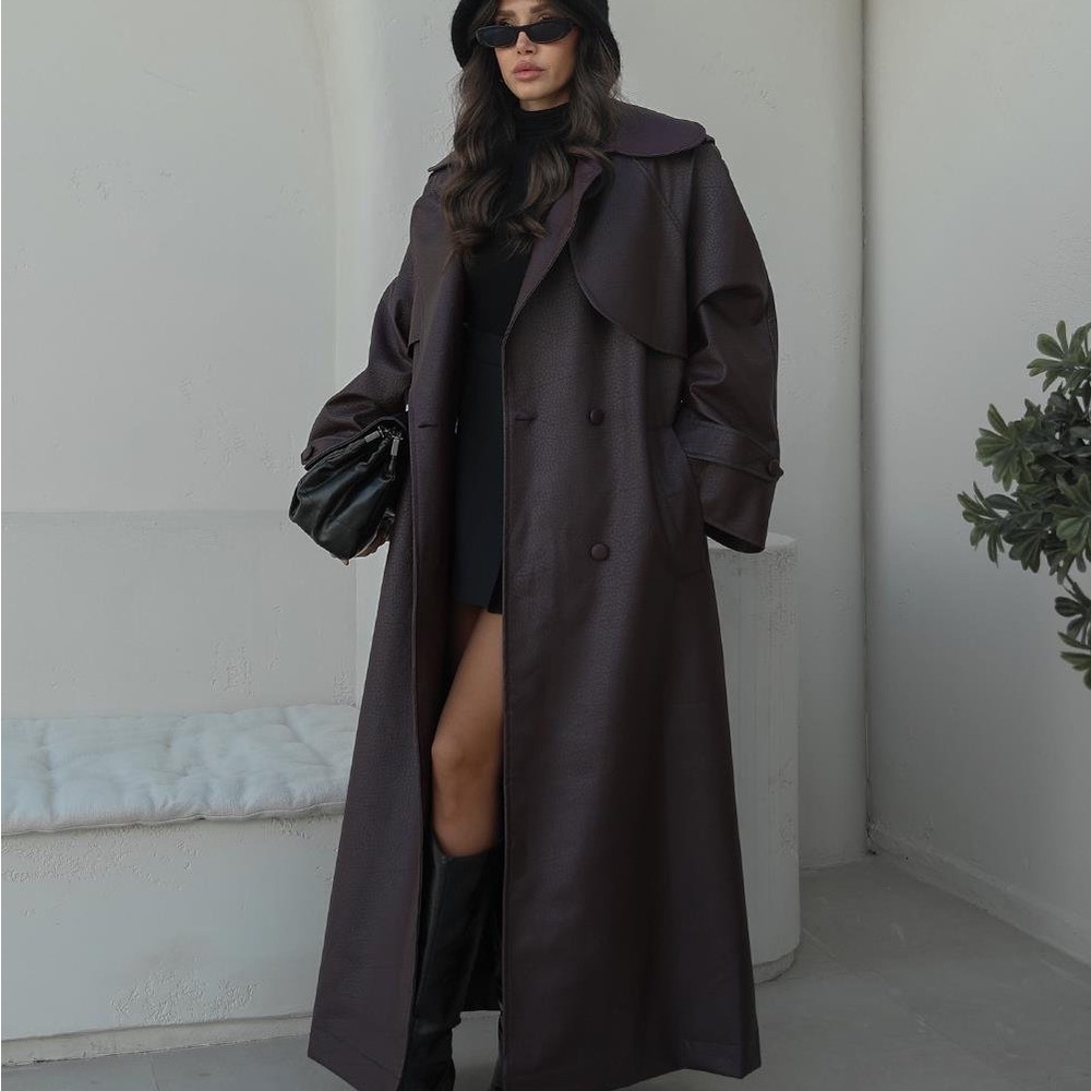 Burgundy Faux Leather Trench Coat - Picture 5 of 8
